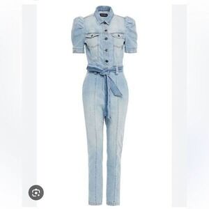 Retrofete Tori Belted Denim Jumpsuit Light Denim Puff Sleeve Size XS